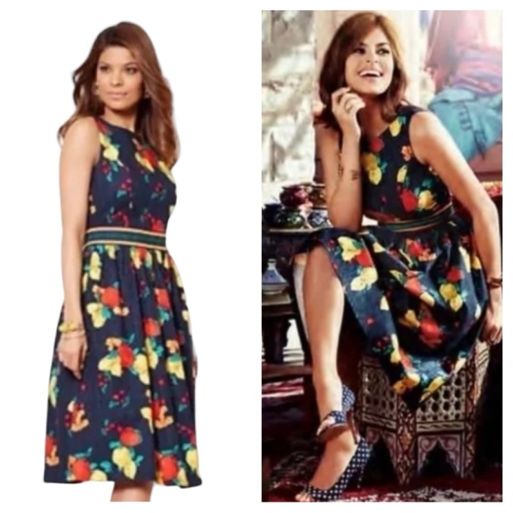 EVA MENDES NY&CO Navy Blue Lemon Fruit Midi Fit & Flare Dress 12